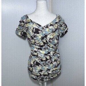 St. John Couture Women’s Blouse M Floral‎ Print Ruched Stretch Sheer Luxury